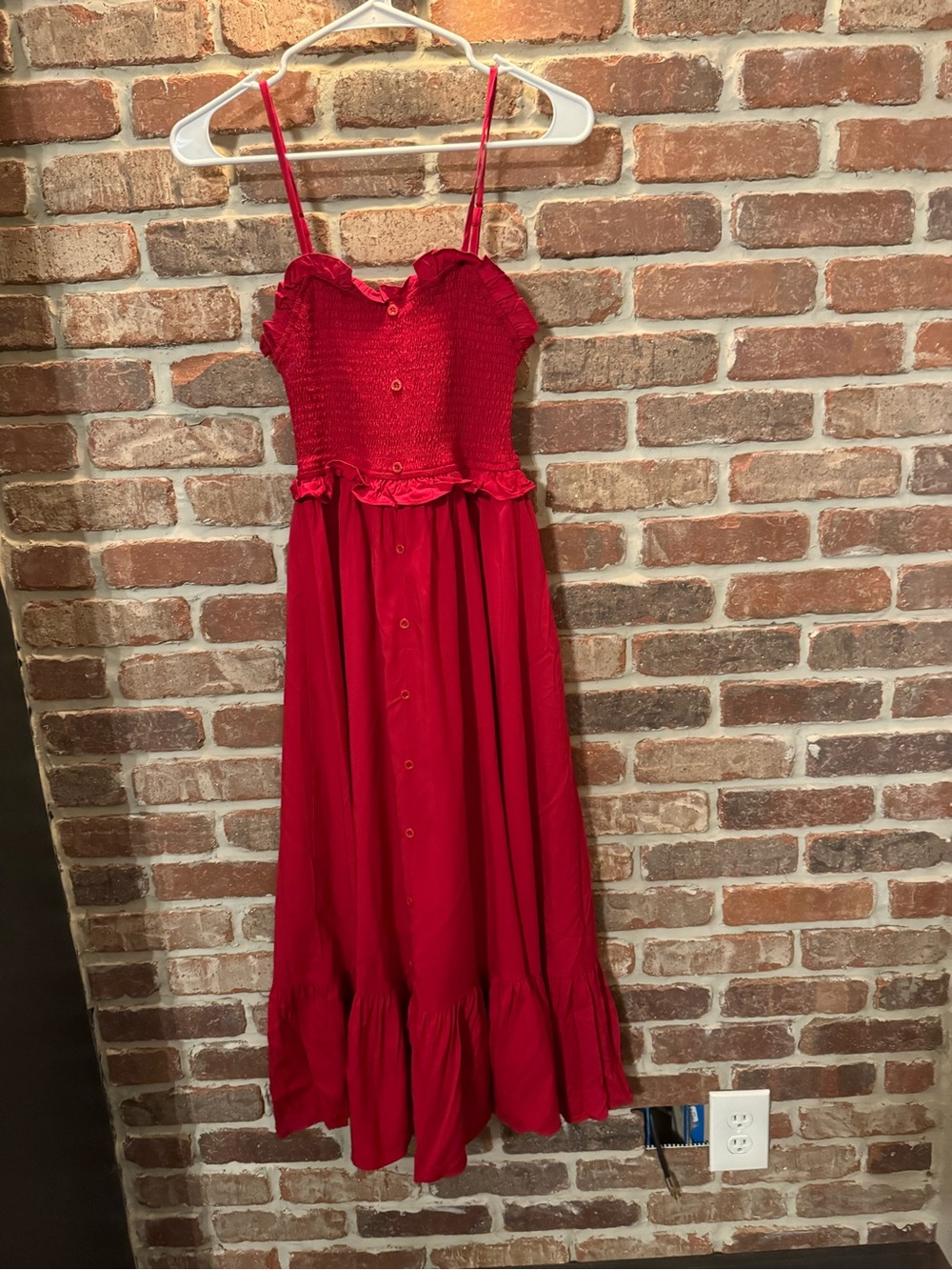 Mikarose Red Smocked Midi length Dress with Button Front